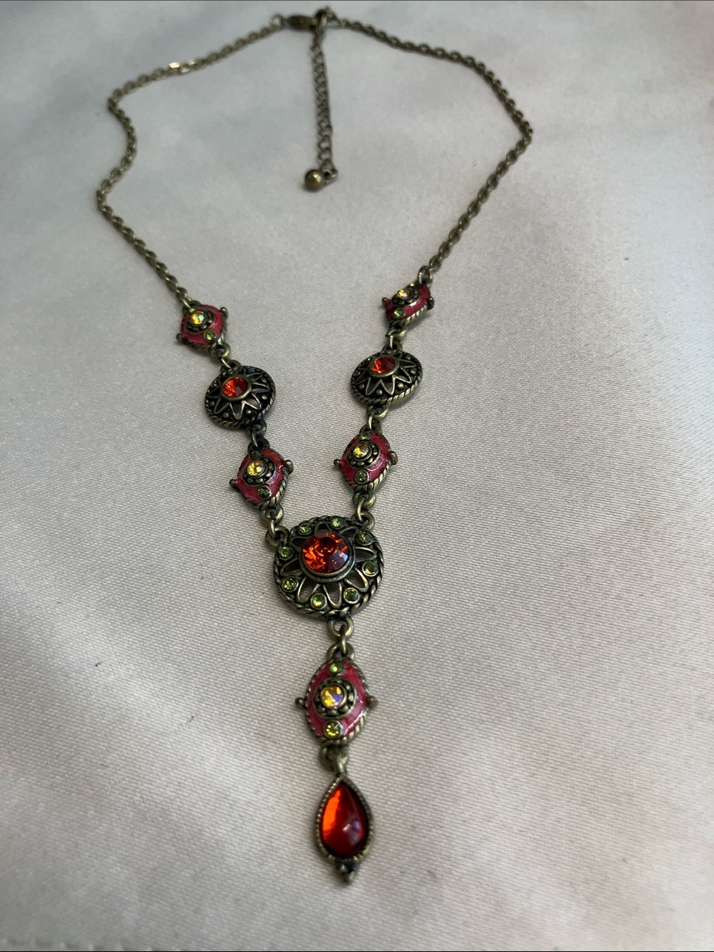16” Vintage Antique Brass Pendant Necklace in Tones of Orange and Coral - Picture 2 of 3